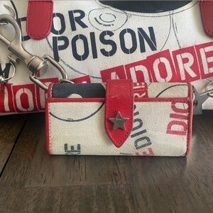 Dior Red and Cream Graphic Canvas Key Holder Wallet